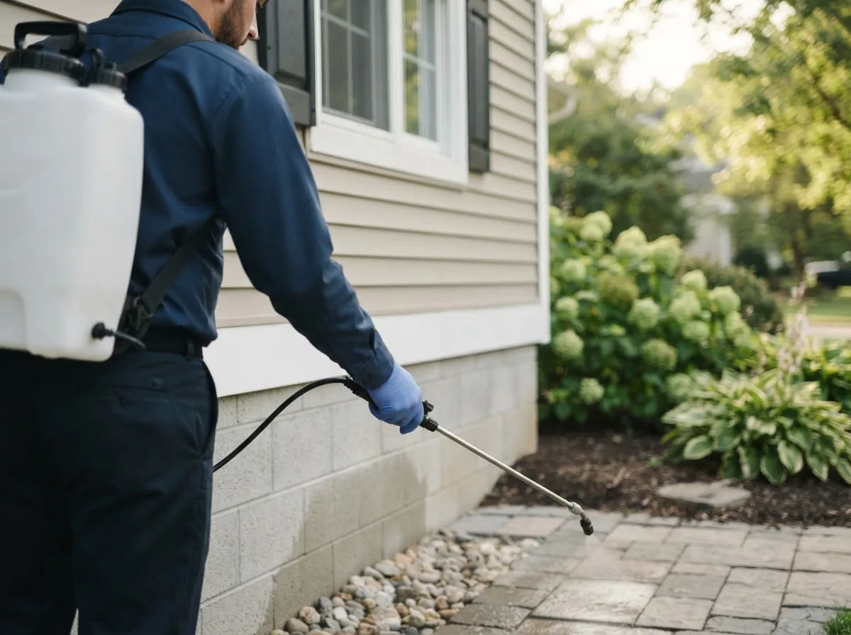 Pest control technician inspecting a home in Stonington, CT